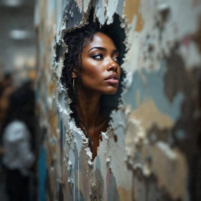 The primary subject of the image is a woman with a beautiful smile, peeking out from behind a wall. She is wearing earrings and appears to be the main focus of the scene. The setting is a room with a wall that has peeling paint, giving it a somewhat aged and worn appearance. The visual style of the image is a combination of photo and digital art, creating a unique and intriguing atmosphere. The colors in the image are predominantly neutral tones, with the woman's smile being the most